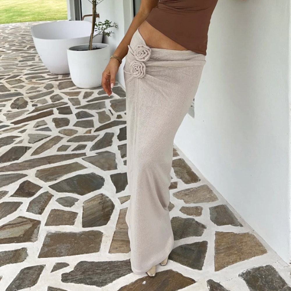 Lioness Cream Sarong Maxi Skirt SMALL Rosette Waffle Knit Low Rise Vacation NEW